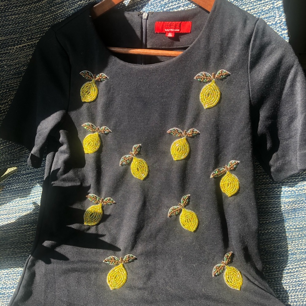 SAKS Fifth Ave RED - navy top with beaded lemons